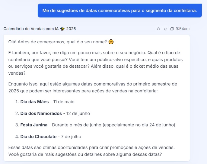 Com o assistente IA, é possível receber sugestões de datas comemorativas e ações de vendas.